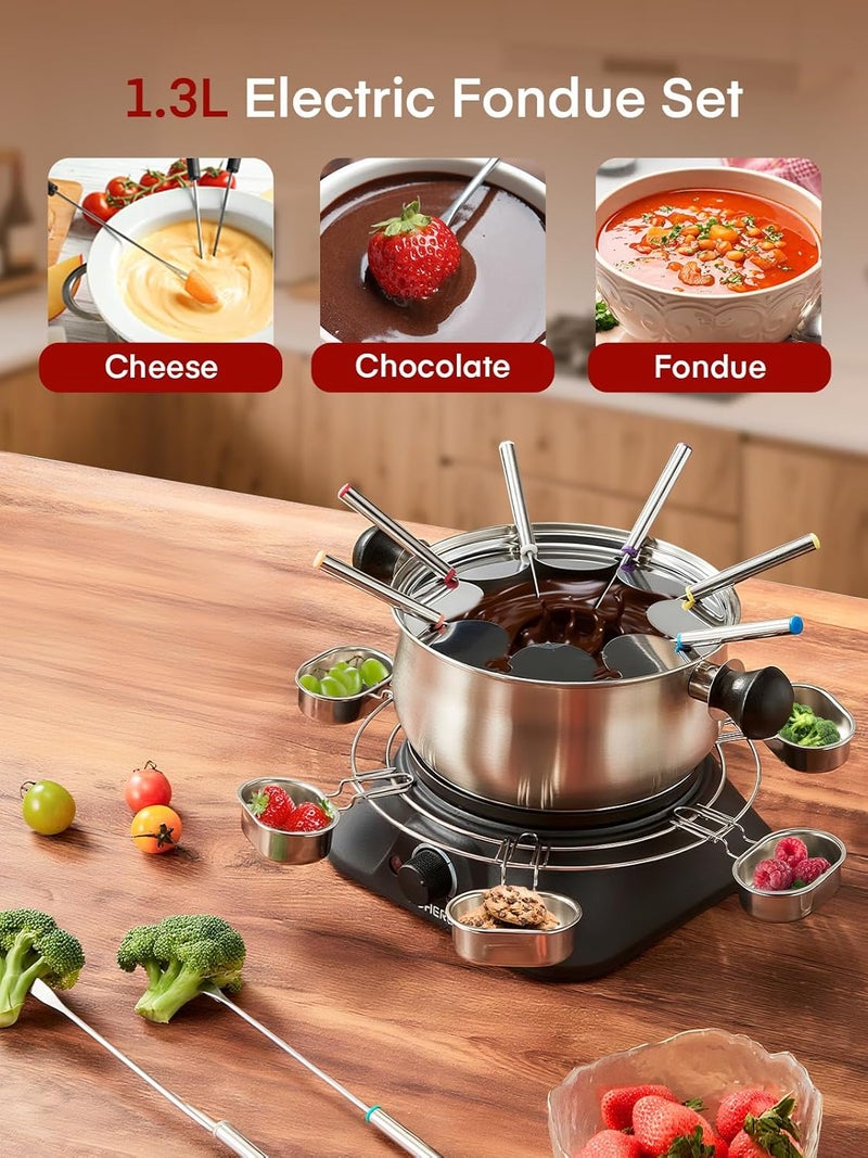 FOHERE 1500W Electric Fondue Pot Set, 1.4QT Non-Stick Electric Fondue Pot with 8 Color-Coded Forks, 6 Pcs Cups and Anti-Scald Handle, Precise Temperature Control for Cheese,Chocolate,Oil and Broth - Image 2